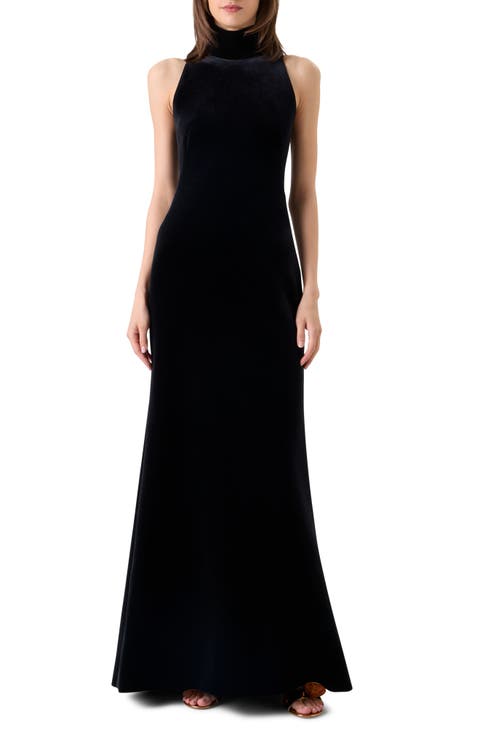 Fringe Back Velvet Scuba Knit Trumpet Gown