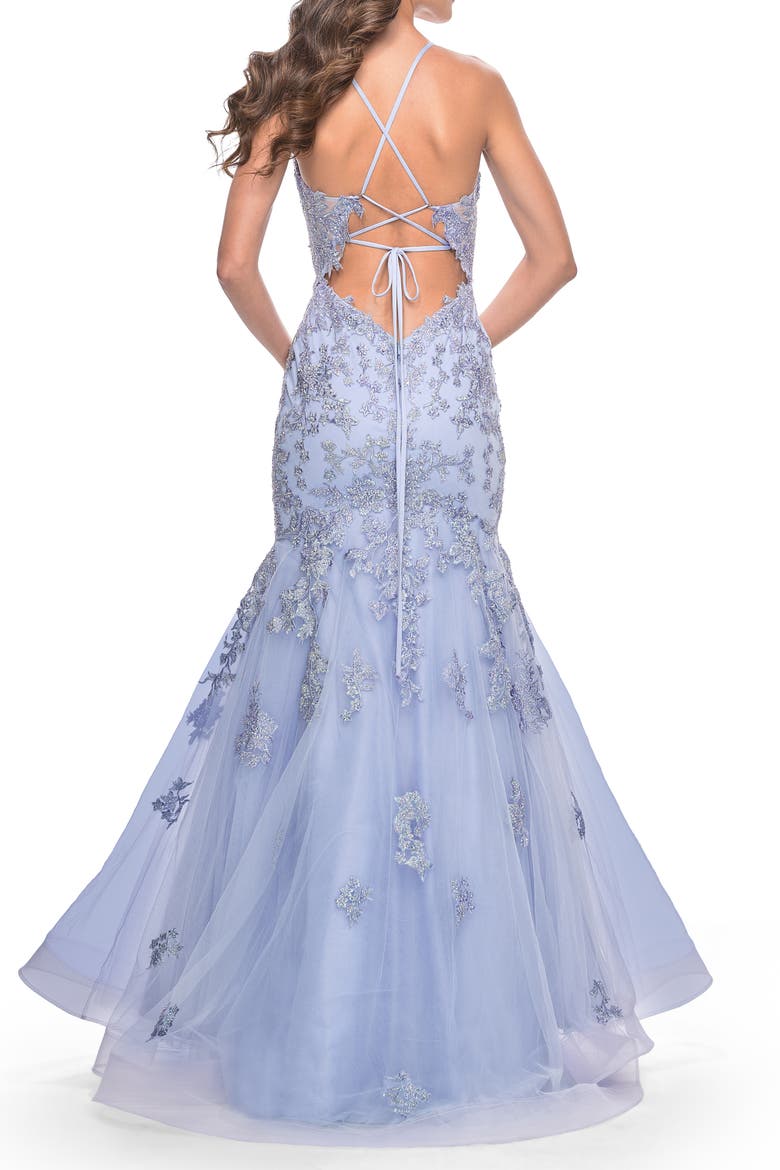 Mermaid Lace Embellished Gown with Illusion Top, Alternate, color, Lilac Mist
