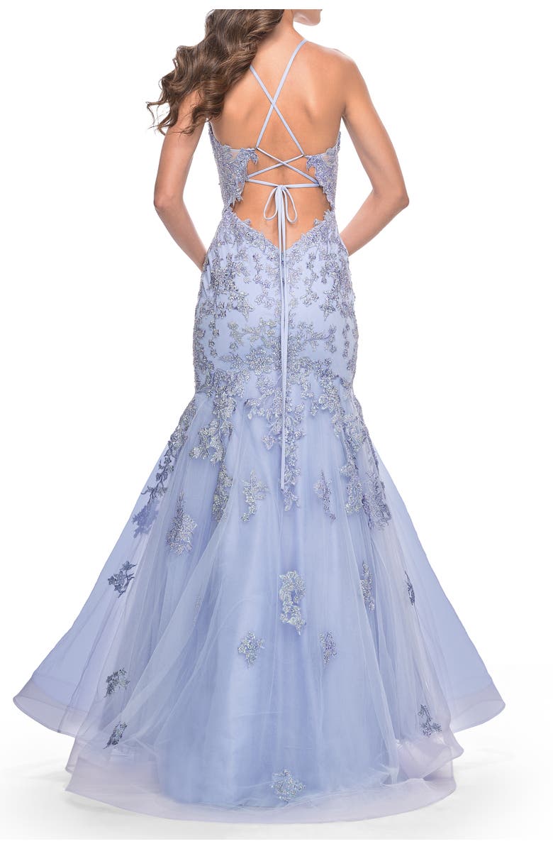 La Femme Mermaid Lace Embellished Gown with Illusion Top, Alternate, color, Lilac Mist