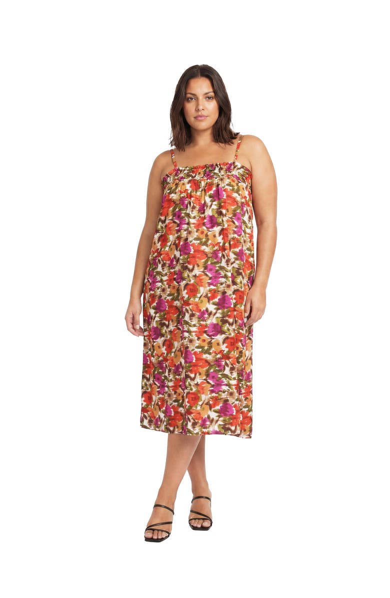 24seven Comfort Apparel Curvy Essential Abstract Print Spaghetti Strap Smocked Pocket A-Line Maxi Dress, Main, color, Red Multi