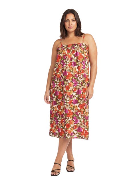 Curvy Essential Abstract Print Spaghetti Strap Smocked Pocket A-Line Maxi Dress