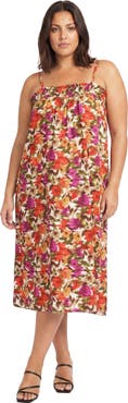 24seven Comfort Apparel Curvy Essential Abstract Print Spaghetti Strap Smocked Pocket A-Line Maxi Dress
