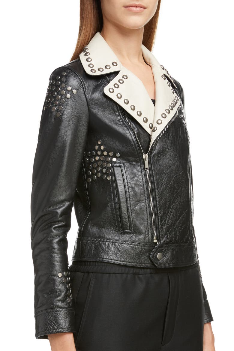 Contrast Lapel Studded Leather Jacket, Alternate, color, NOIR / CREME / COGNAC / SILVER