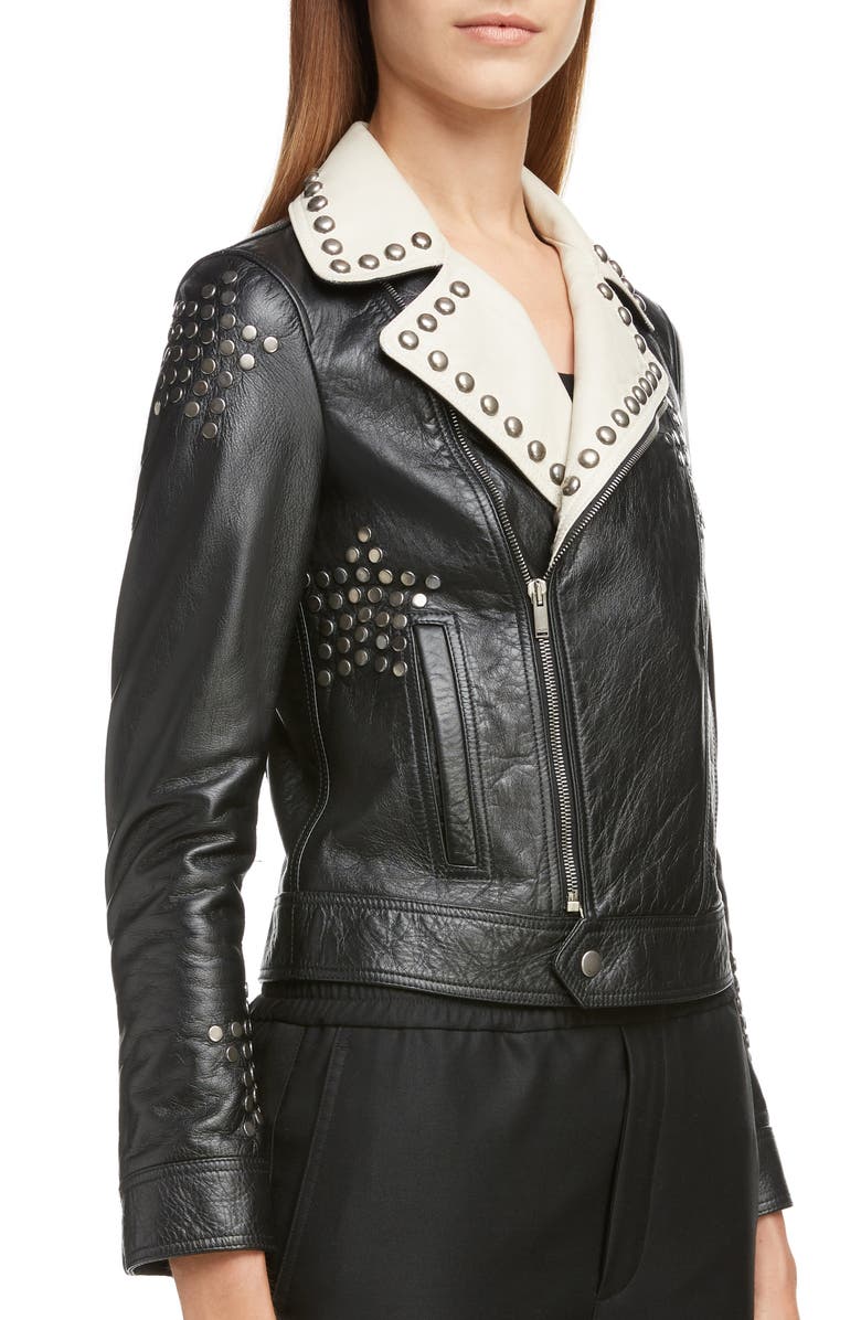 Saint Laurent Contrast Lapel Studded Leather Jacket, Alternate, color, 