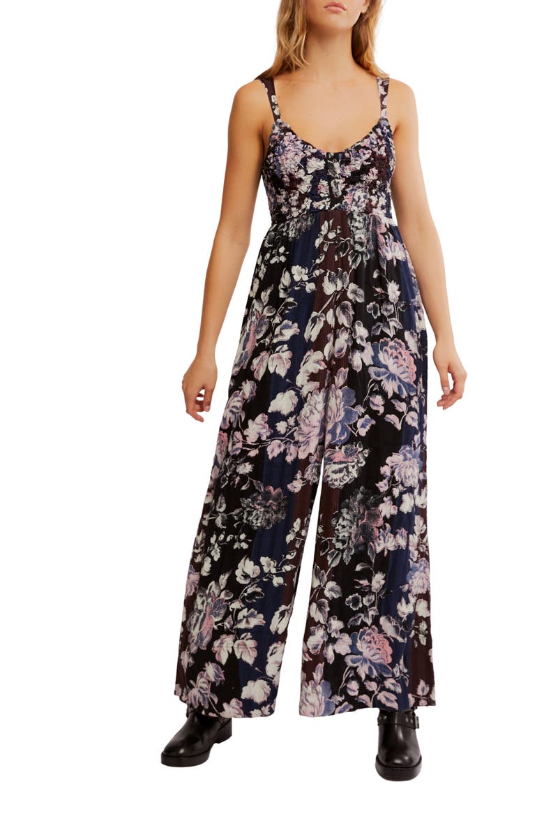 Free People Melrose Smocked Wide Leg Jumpsuit, Main, color, Midnight Garden Comb