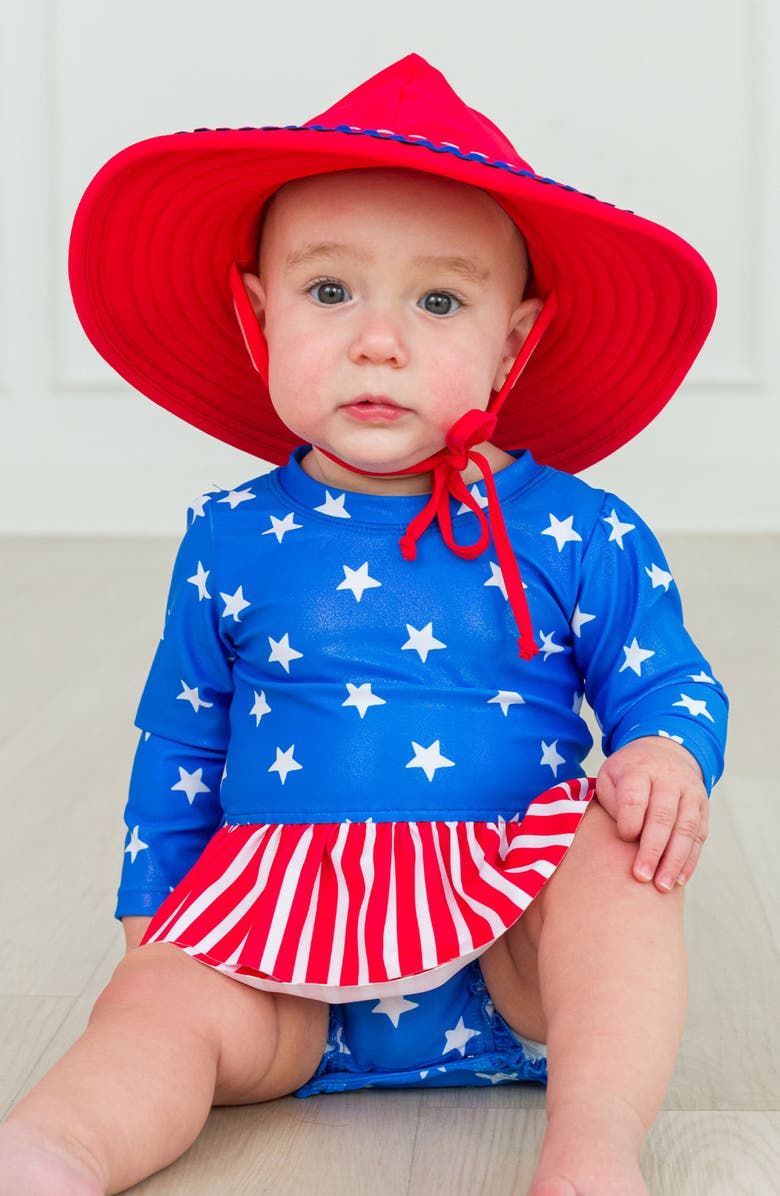 RuffleButts Star Stripes One-Piece Rashguard Swimsuit & Hat Set, Alternate, color, 