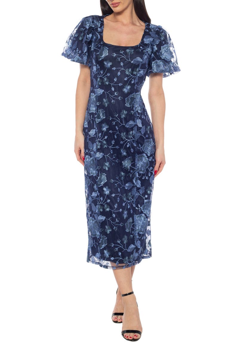 Embroidered Midi Cocktail Dress, Main, color, BLUE/ BERRY