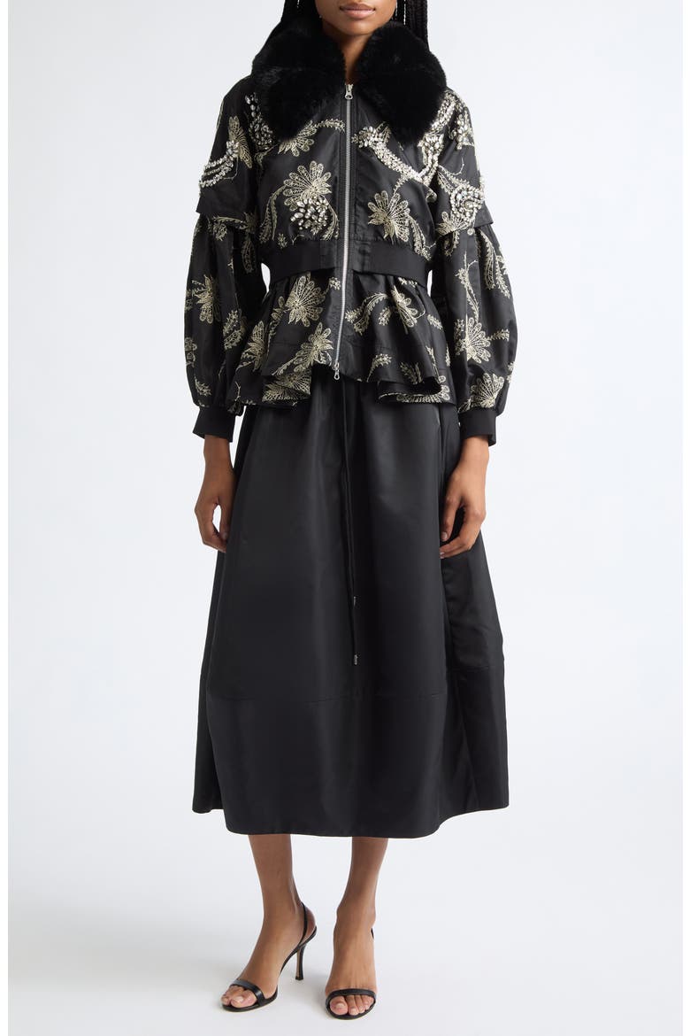 Armelle Paisley Fan Embroidered Jacket with Faux Fur Collar, Alternate, color, BLACK/ GARDENIA