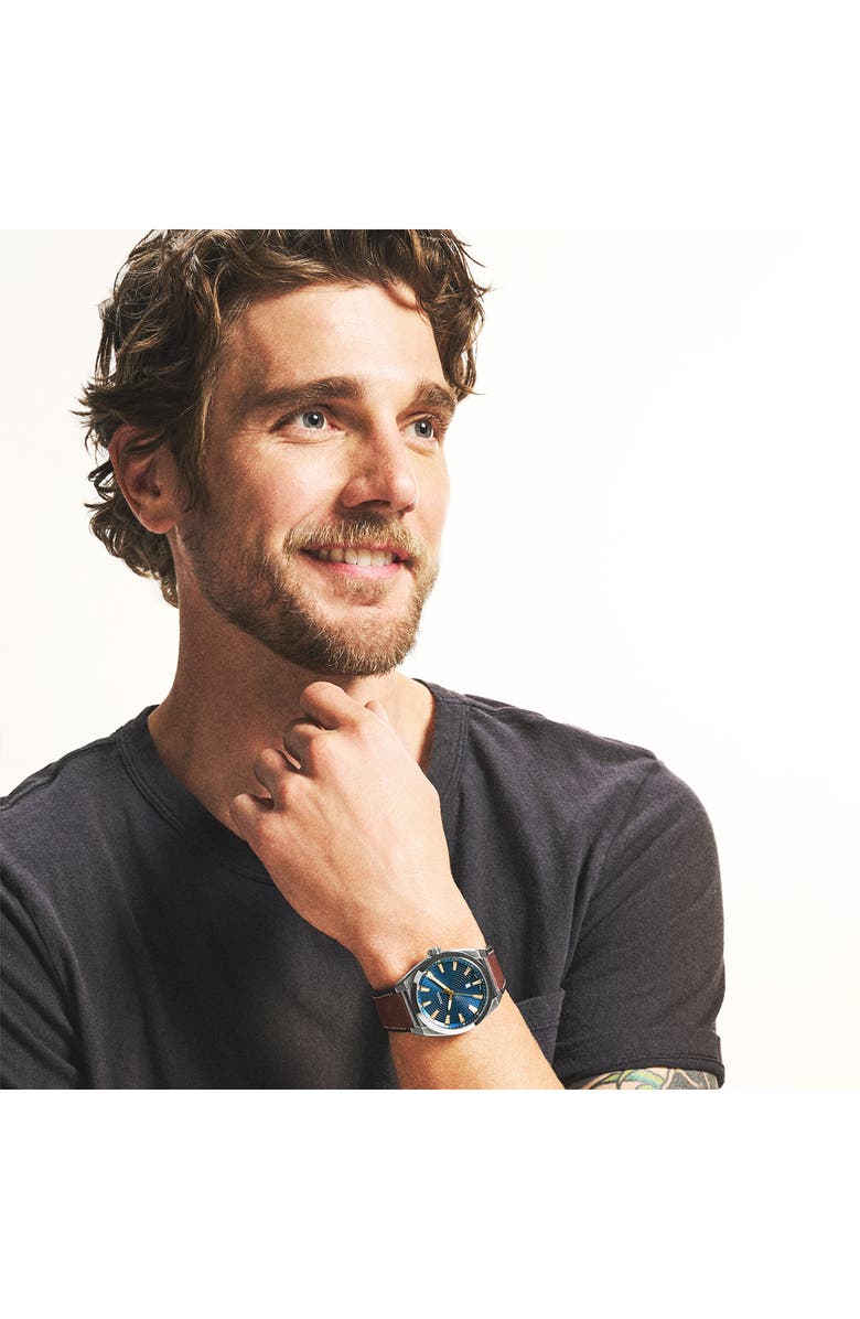 Fossil Everett Chronograph Leather Strap Watch, 44mm, Alternate, color, Blue/ Brown