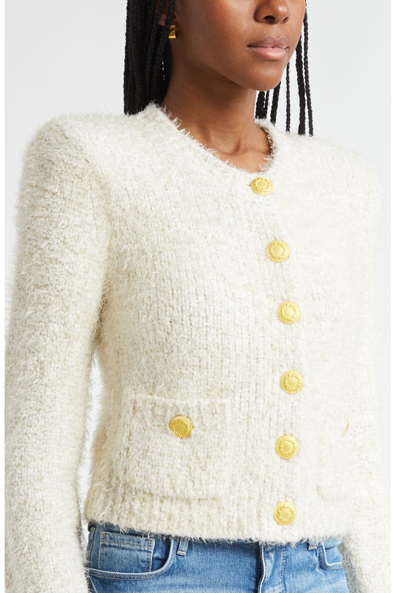 Una Crop Eyelash Tweed Cardigan, Alternate, color, IVORY/ GOLD LUREX MULTI