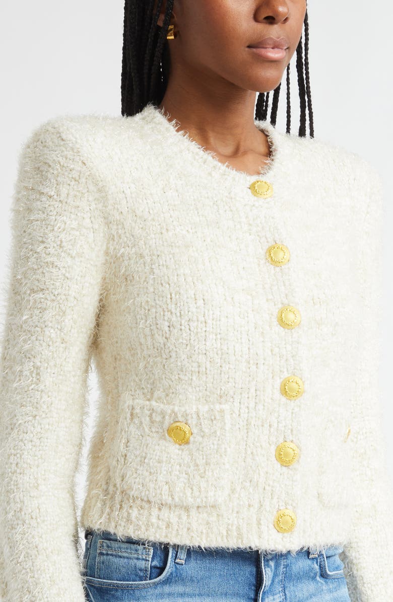 L'AGENCE Una Crop Eyelash Tweed Cardigan, Alternate, color, Ivory/ Gold Lurex Multi