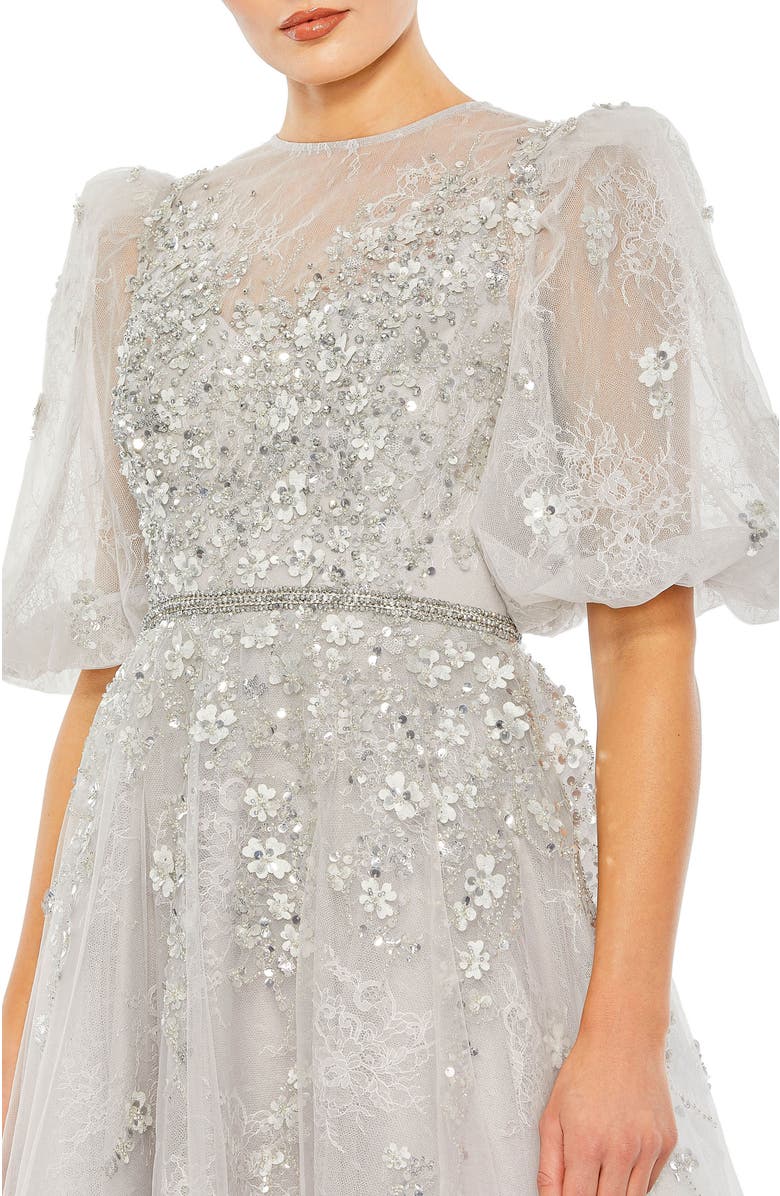 Mac Duggal Embellished Puff Sleeve A Line Gown, Alternate, color, Platinum
