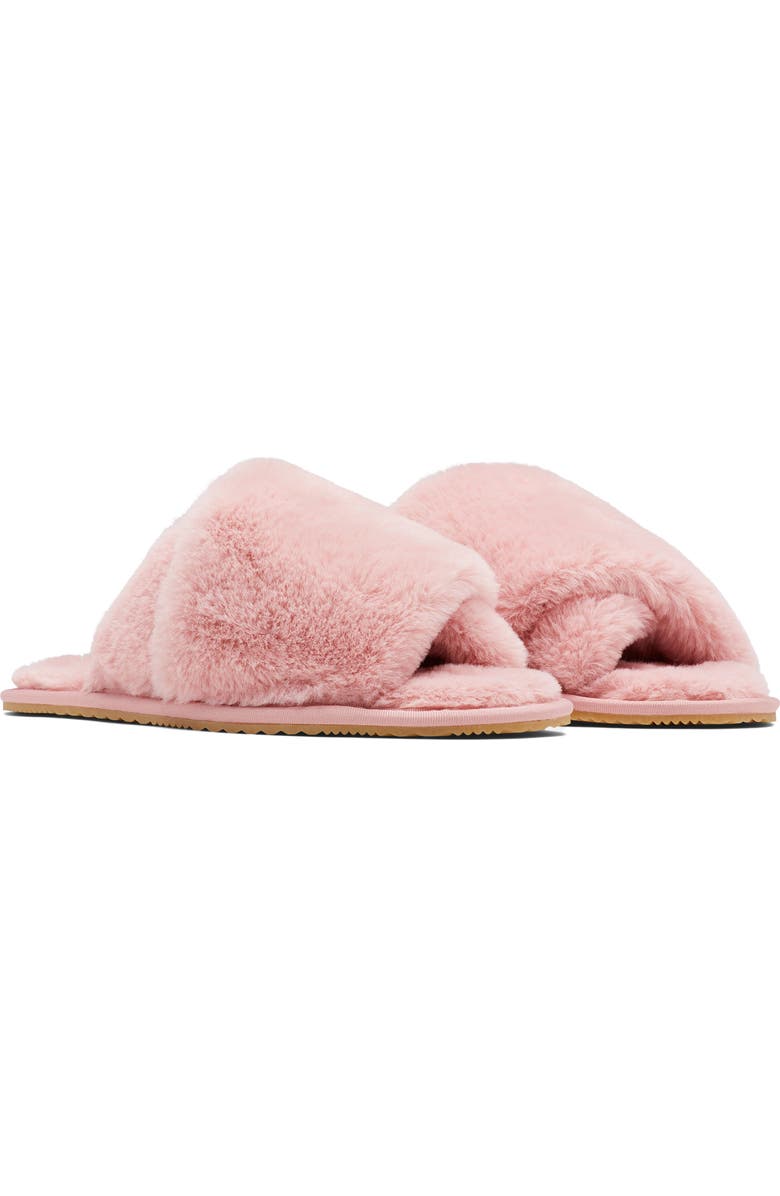 SOREL Go Mail Run Faux Fur Slide Slipper, Main, color, Eraser Pink/ Sea Salt