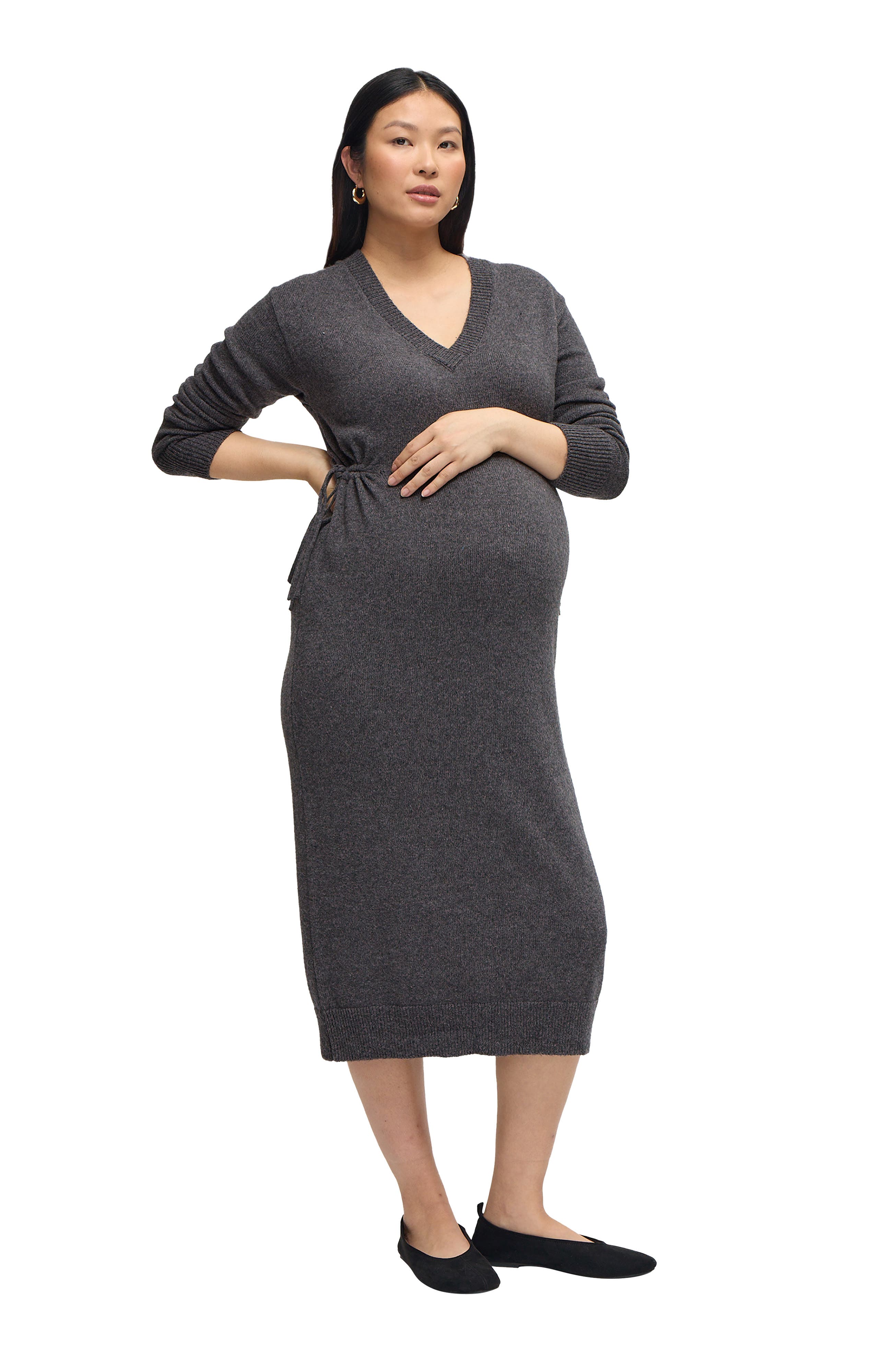 Ingrid & Isabel Cozy V-Neck Maternity Sweater Dress in Dark Grey 