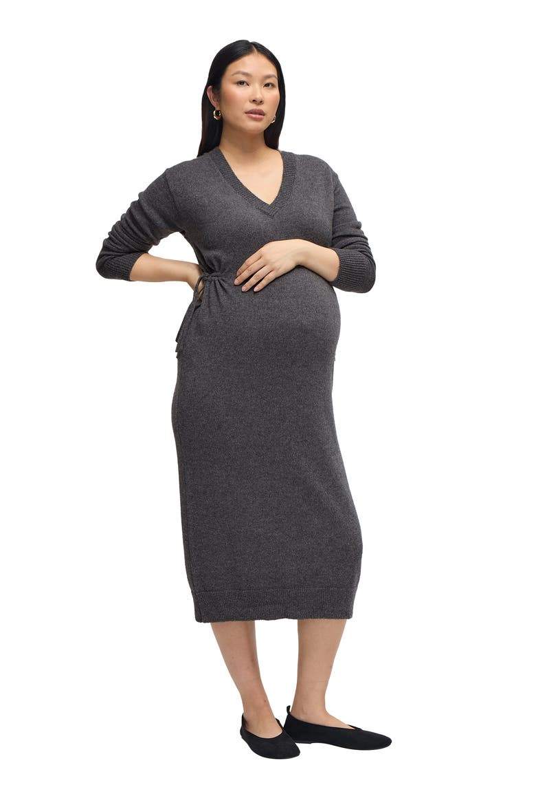 Cozy V-Neck Side Tie Sweater Midi Maternity Dress, Main, color, Dark Grey