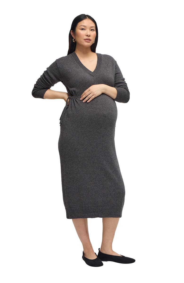 Ingrid & Isabel Cozy V-Neck Maternity Sweater Dress, Main, color, Dark Grey