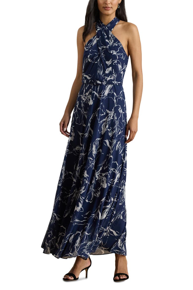 Lefora Floral Crinkle Georgette Maxi Dress, Main, color, NAVY BLUE/ WHITE