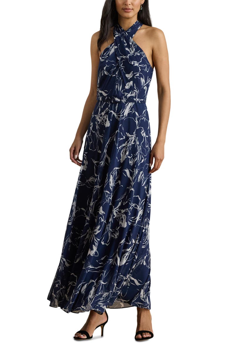 Lauren Ralph Lauren Lefora Floral Crinkle Georgette Maxi Dress, Main, color, Navy Blue/ White