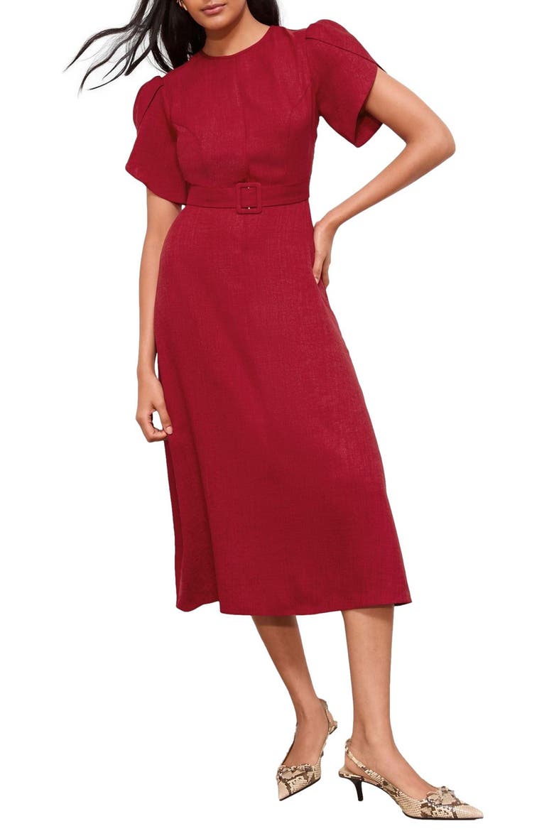Tulip Sleeve Belted Midi Dress, Main, color, BERRY RED