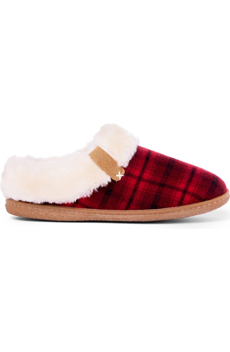 Minnetonka Camp Collar Faux Fur Scuff Slipper, Alternate, color, Red Plaid