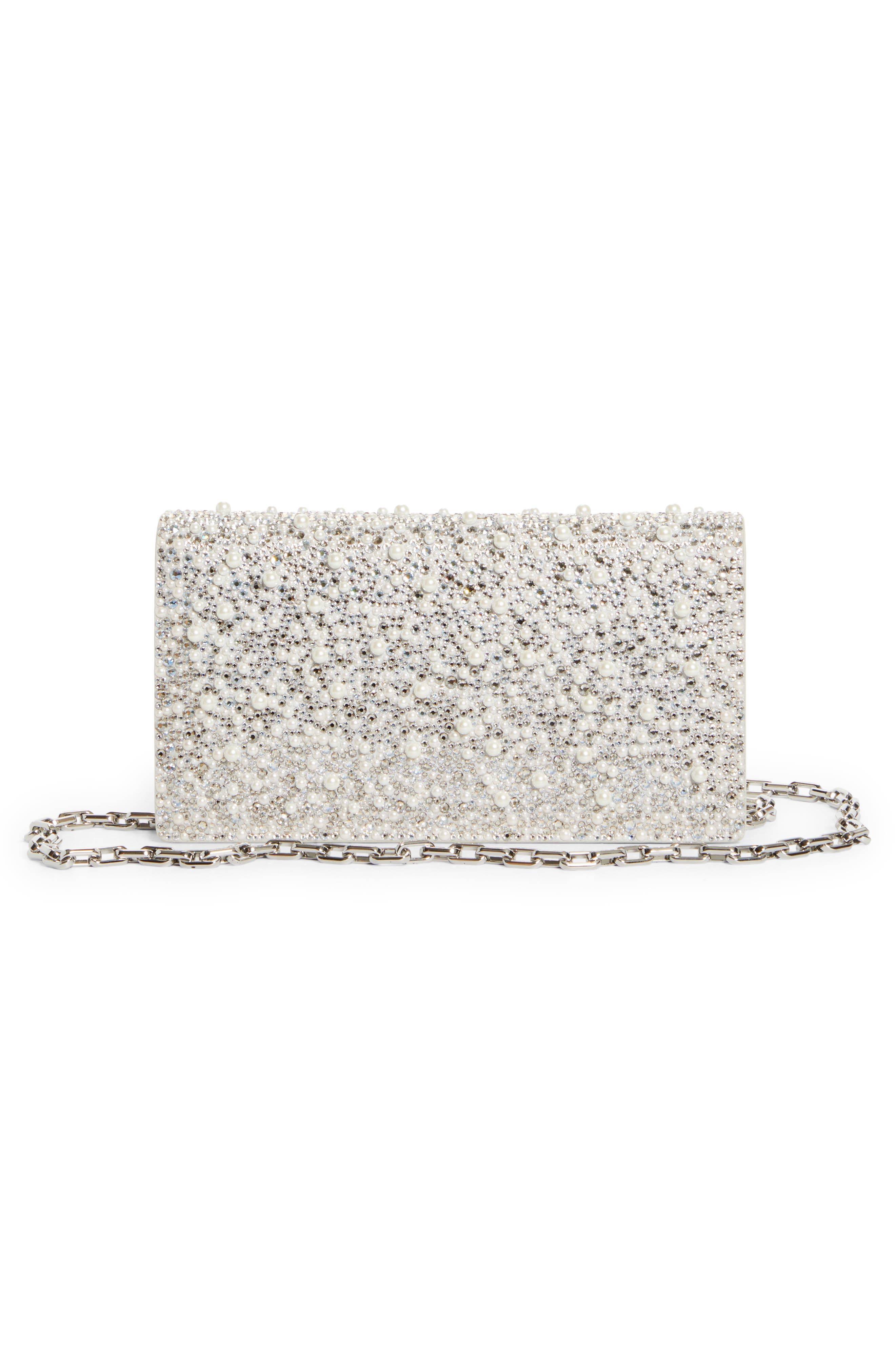 Christian Louboutin Bettina Crystal & Faux Pearl Embellished Suede Clutch, Alternate, color, Silver