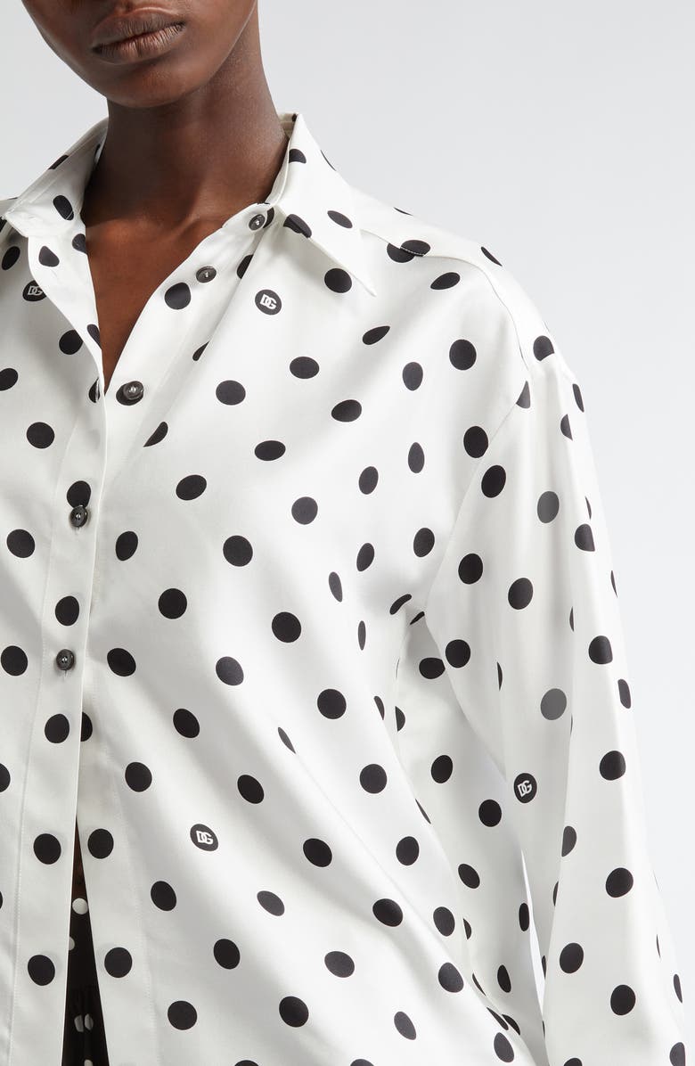 Dolce&Gabbana Polka Dot Silk Button-Up Shirt, Alternate, color, Bianco