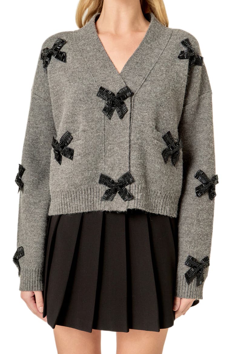Beaded Bow Oversize Cardigan, Alternate, color, CHARCOAL
