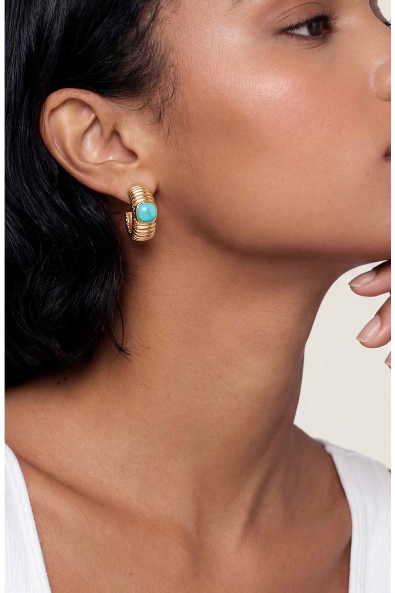 Semiprecious Stone Hoop Earrings, Alternate, color, TURQUOISE/ GOLD