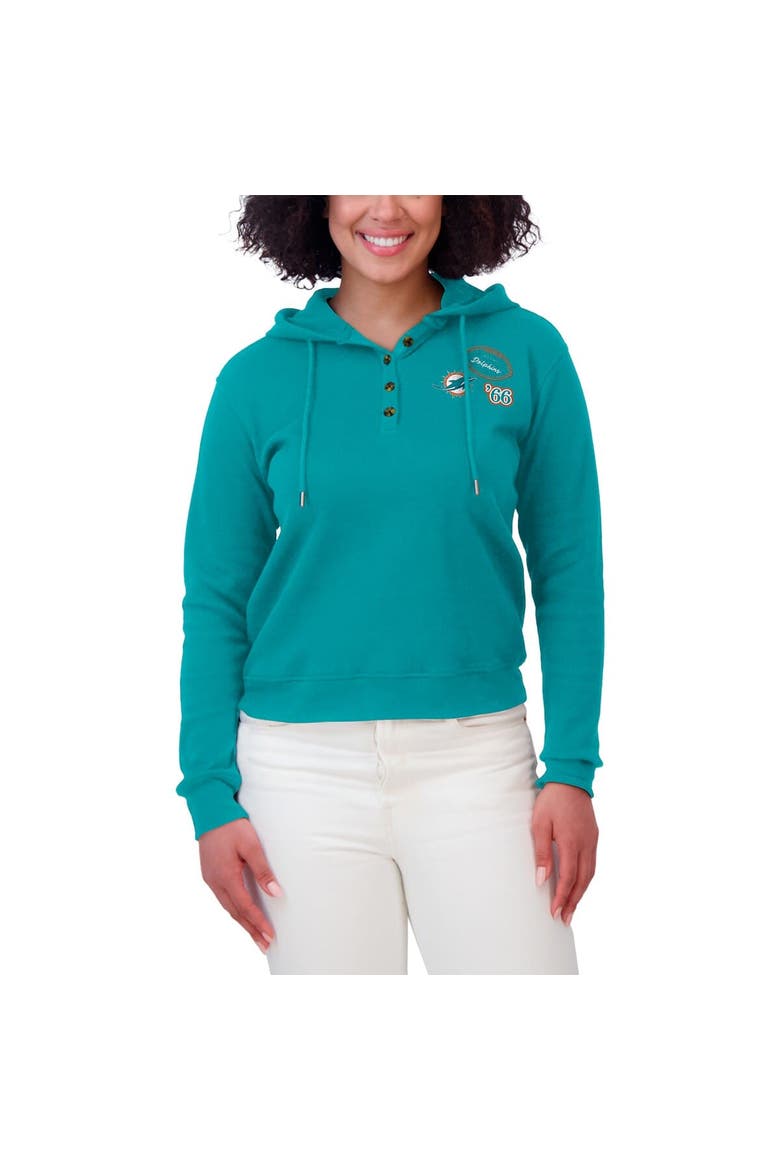 Women's WEAR by Erin Andrews  Aqua Miami Dolphins Waffle Hoodie Pullover Top, Alternate, color, Aqua