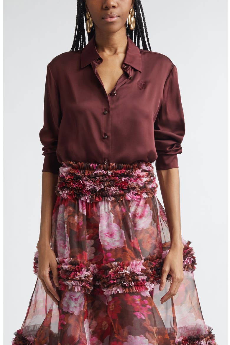 Luna Silk Satin Button-Up Shirt, Main, color, WINE
