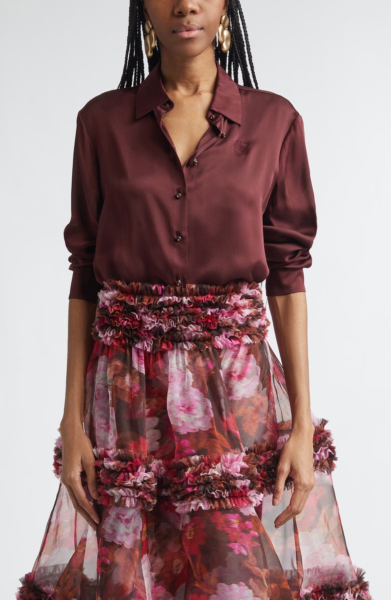 Zimmermann Luna Silk Satin Button-Up Shirt, Main, color, Wine