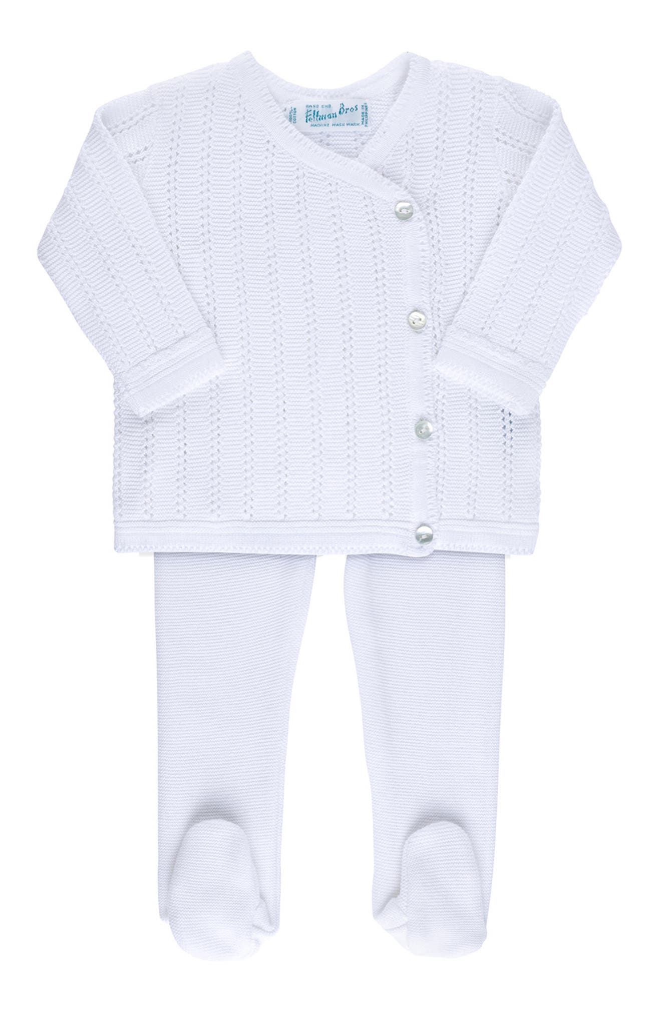 Feltman Brothers Pointelle Knit Sweater, Footed Pants & Bonnet Set in White 