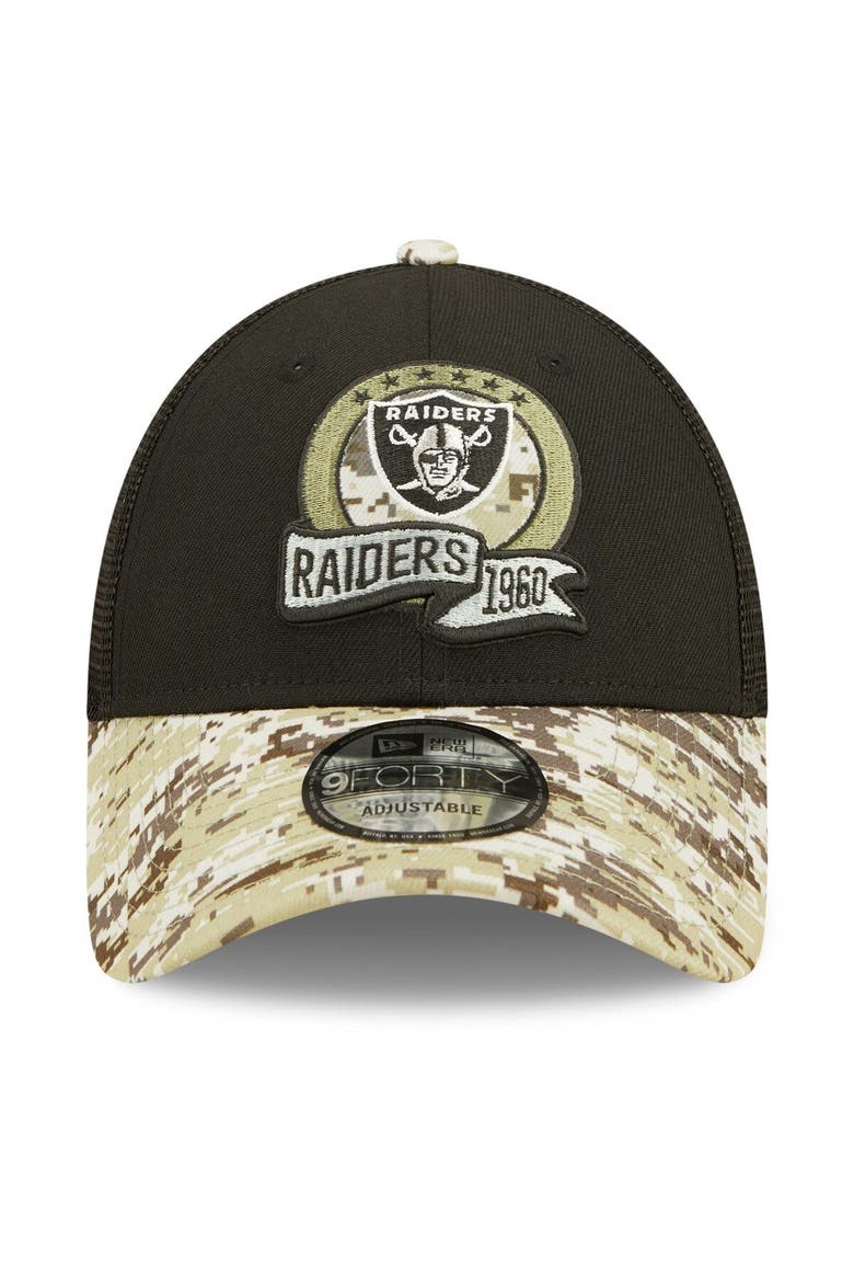 Men's New Era Black/Camo Las Vegas Raiders 2022 Salute To Service 9FORTY Snapback Trucker Hat, Alternate, color, Black