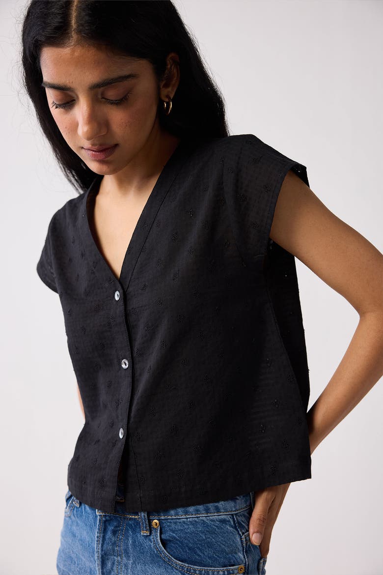 V-Neck Embroidered Top with Front Buttons, Alternate, color, Textured Eyelet in Black