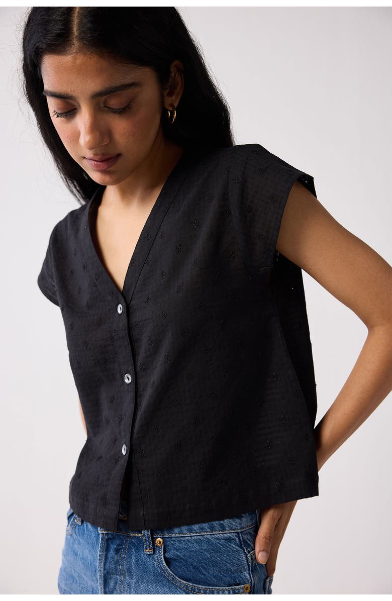 Reistor V-Neck Embroidered Top with Front Buttons, Alternate, color, Textured Eyelet In Black
