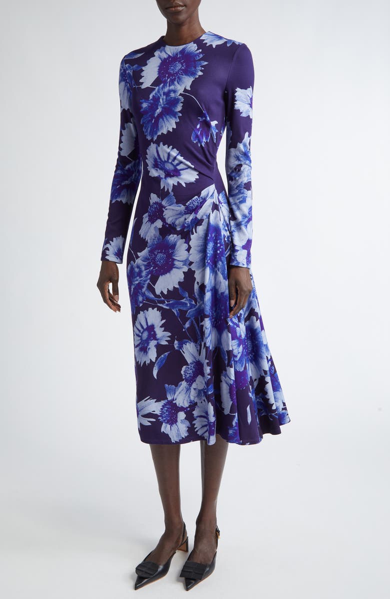 Erdem Troubridge Floral Draped Long Sleeve Ponte Jersey Midi Dress, Main, color, Floral Indigo