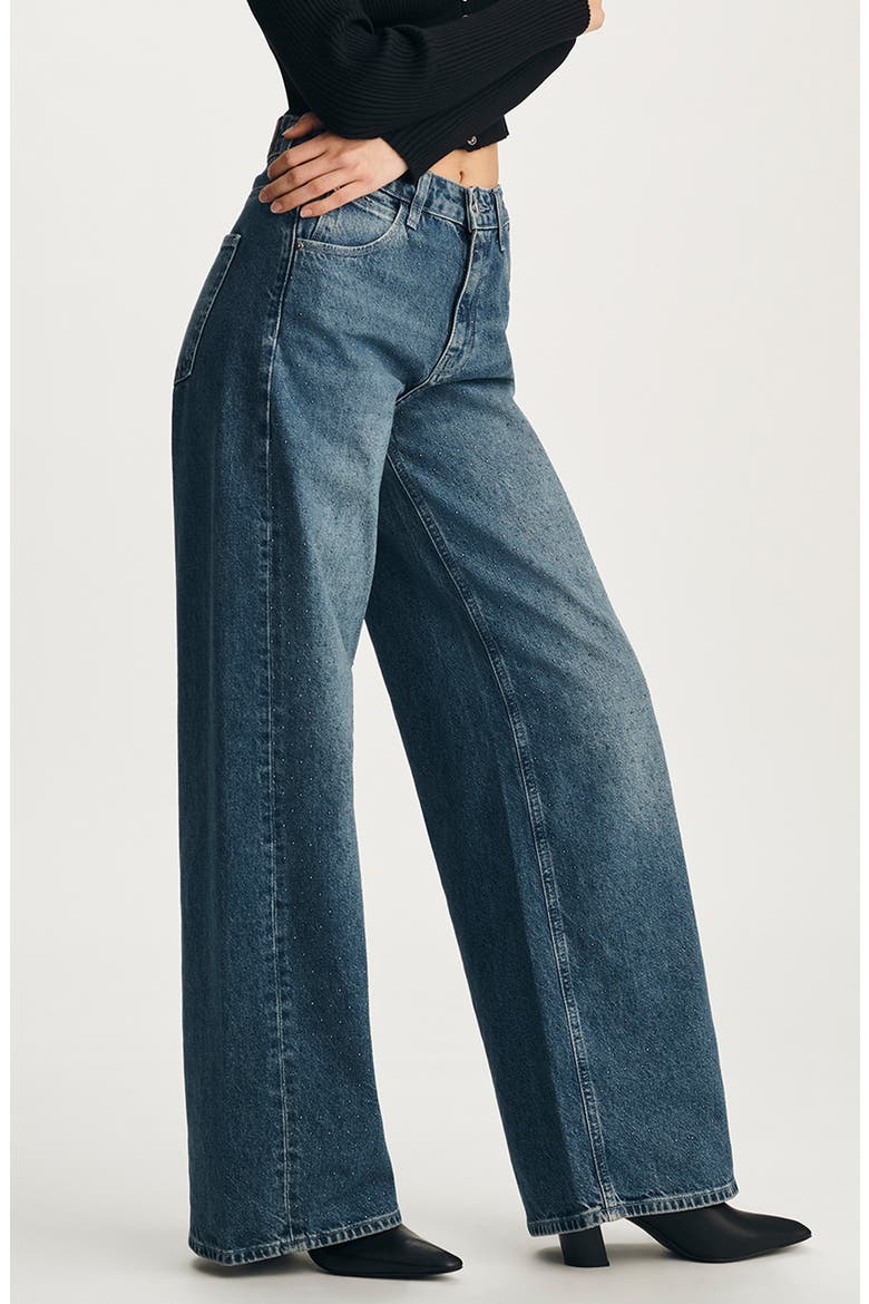 Siena Embellished High Waist Wide Leg Jeans, Alternate, color, MID BLUE SHINY DENIM