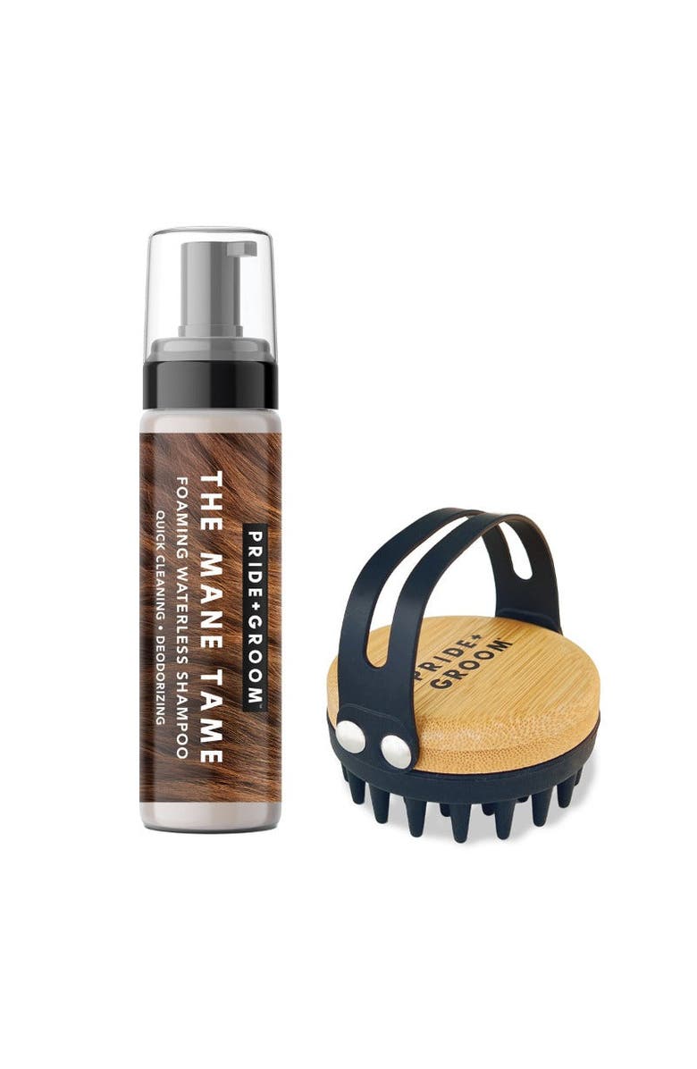 PRIDE+GROOM The Mid Groom Kit - Waterless Foaming Dog & Cat Shampoo With Silicone Dog Grooming Brush With Hand Strap, Main, color, Brown