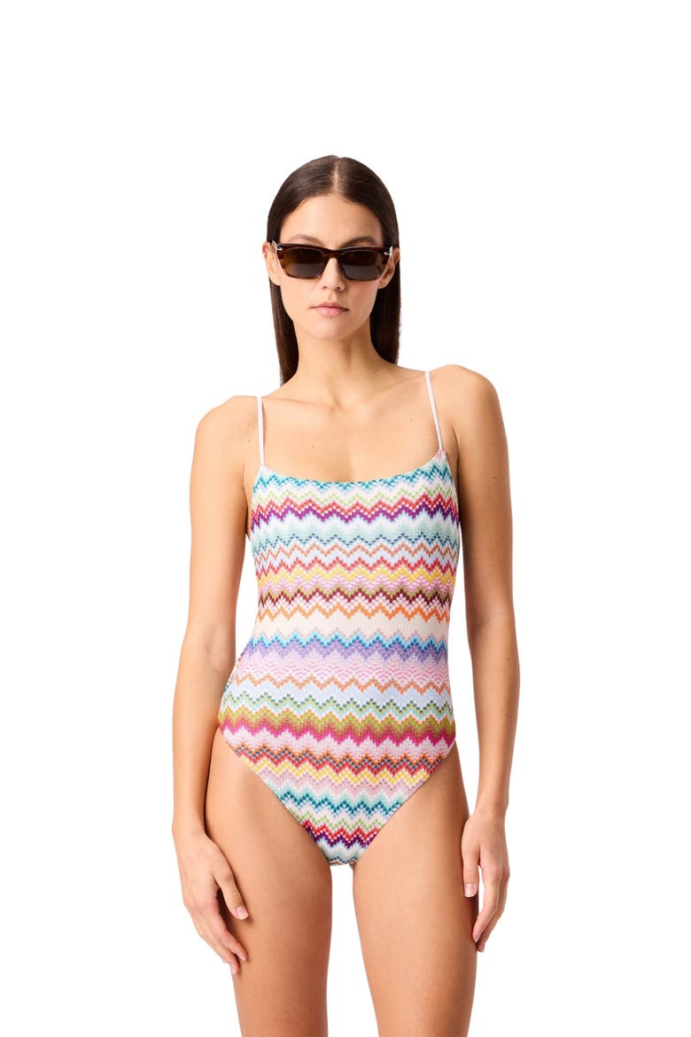 One-piece Swimsuit In Lamé Viscose With Pixel-effect Zigzag Pattern, Main, color, Multicoloured