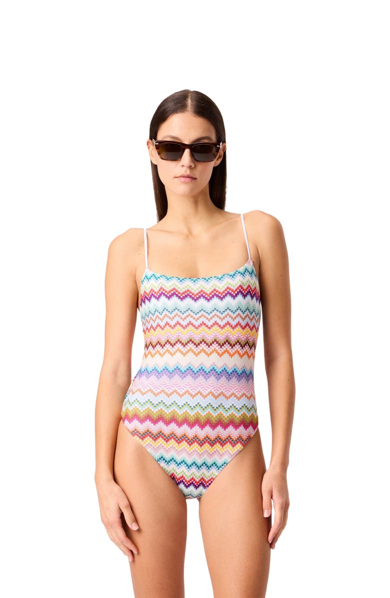 Missoni One-piece Swimsuit In Lamé Viscose With Pixel-effect Zigzag Pattern, Main, color, Multicoloured