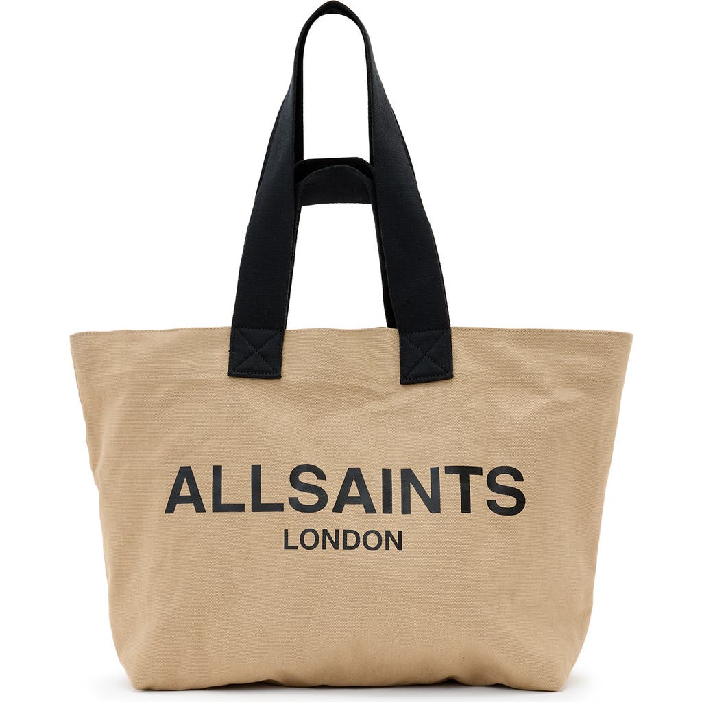 Shop Allsaints Ali Logo Cotton Canvas East/west Tote In Mink Brown