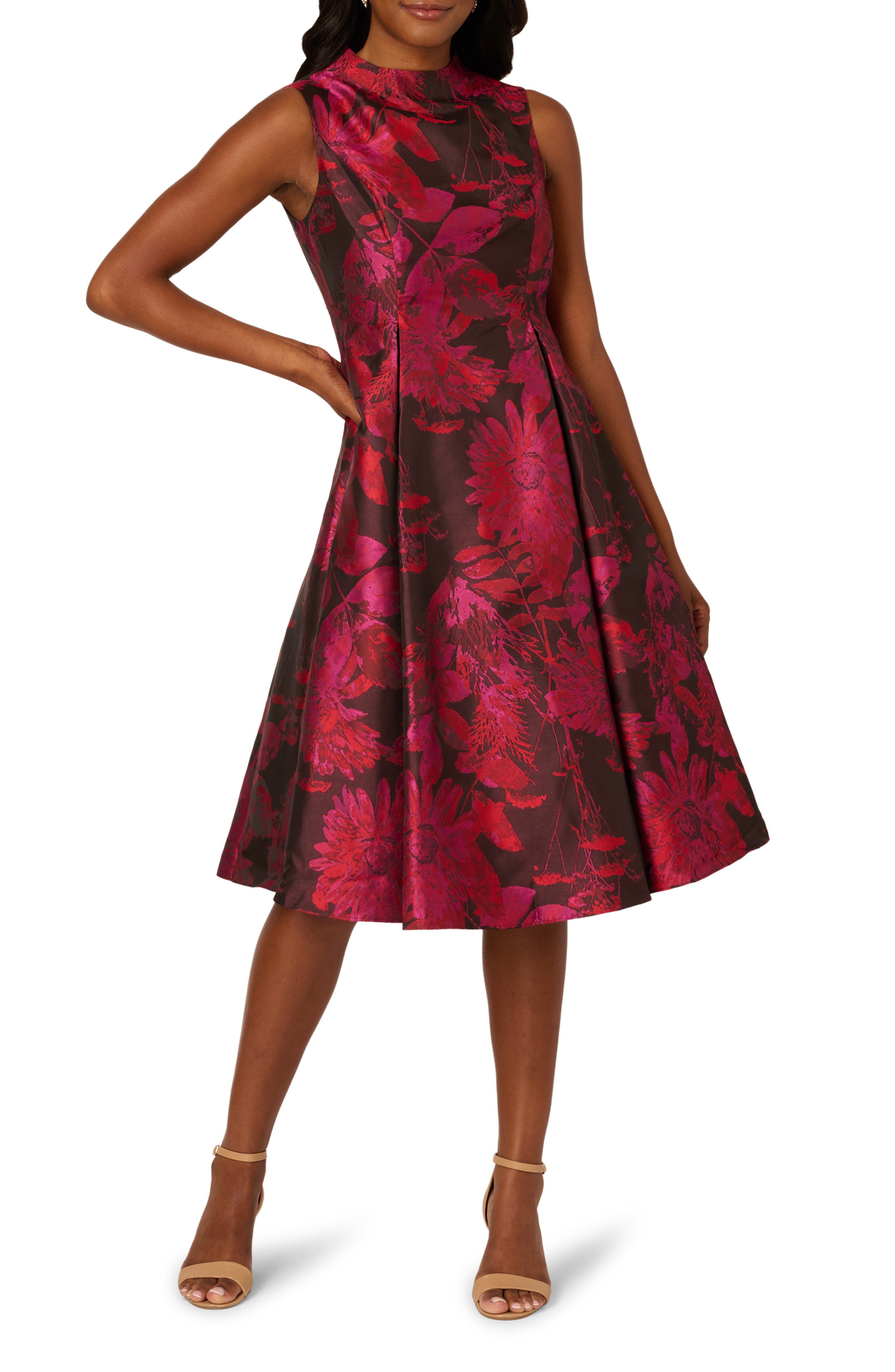 Adrianna Papell Chrysanthemum Jacquard Fit & Flare Cocktail Dress in Pink Multi 