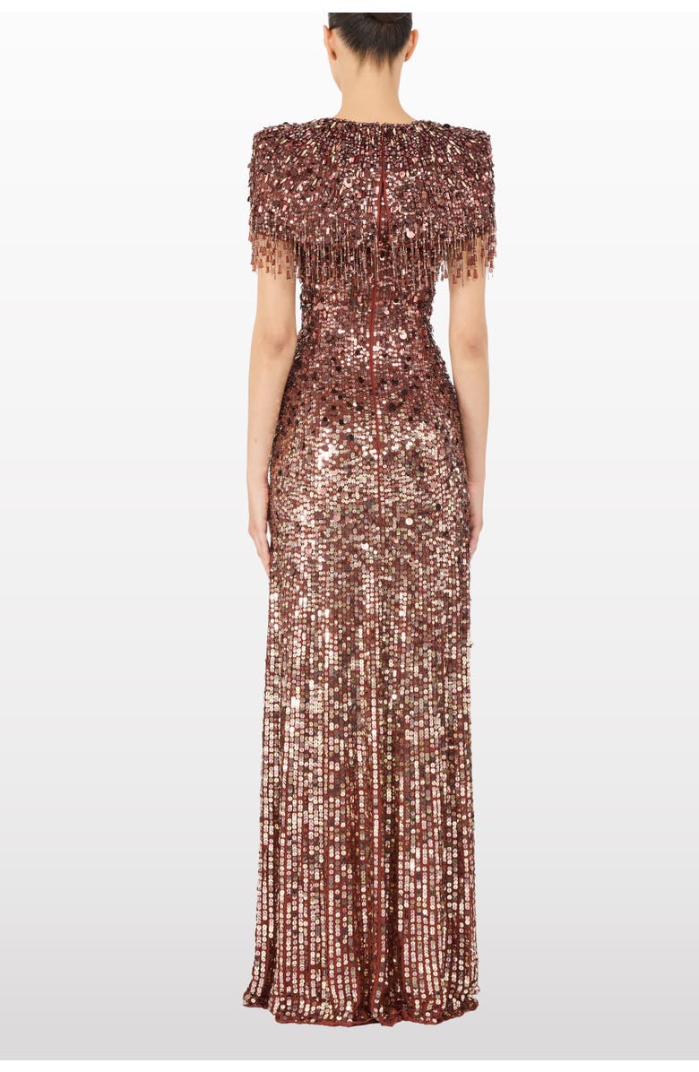 Jenny Packham Eugenie Sequin Fringed Maxi Dress, Alternate, color, Bronze