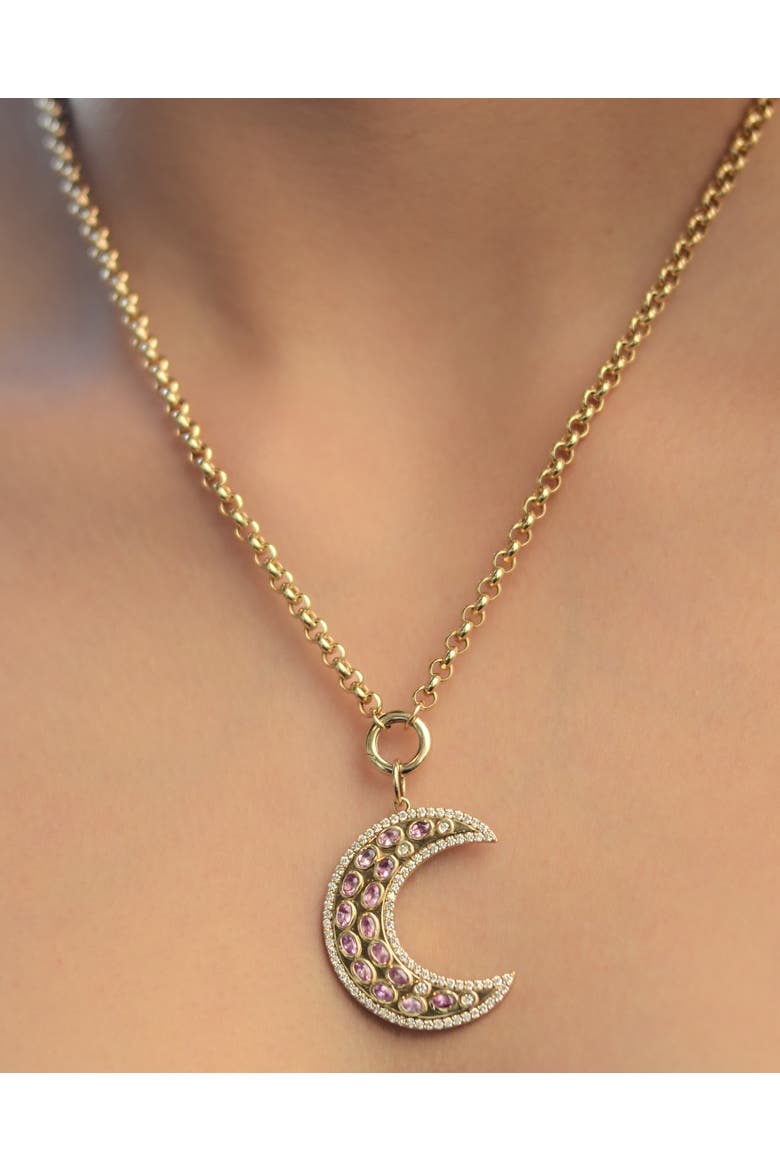 14K Gold Måneskin Pink Sapphire Moon Charm Rolo Necklace, Alternate, color, GOLD