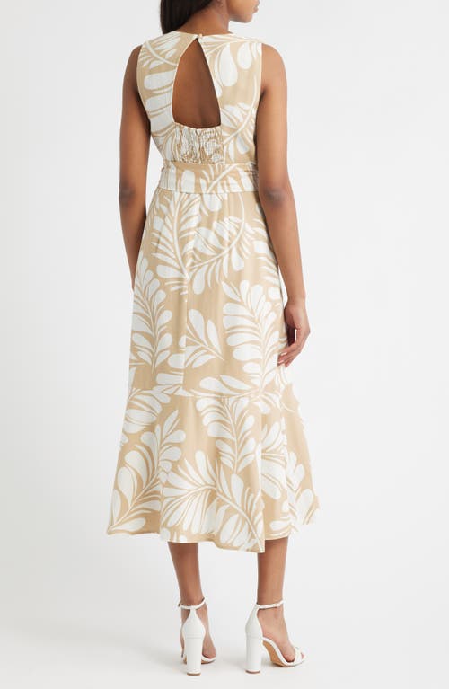 Anne Klein Leaf Print Sleeveless Midi Dress In Neutral