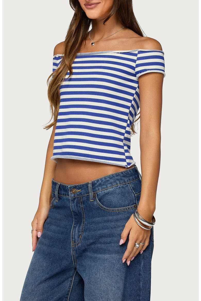 Striped French Terry Off the Shoulder Top, Alternate, color, BLUE-AND-WHITE