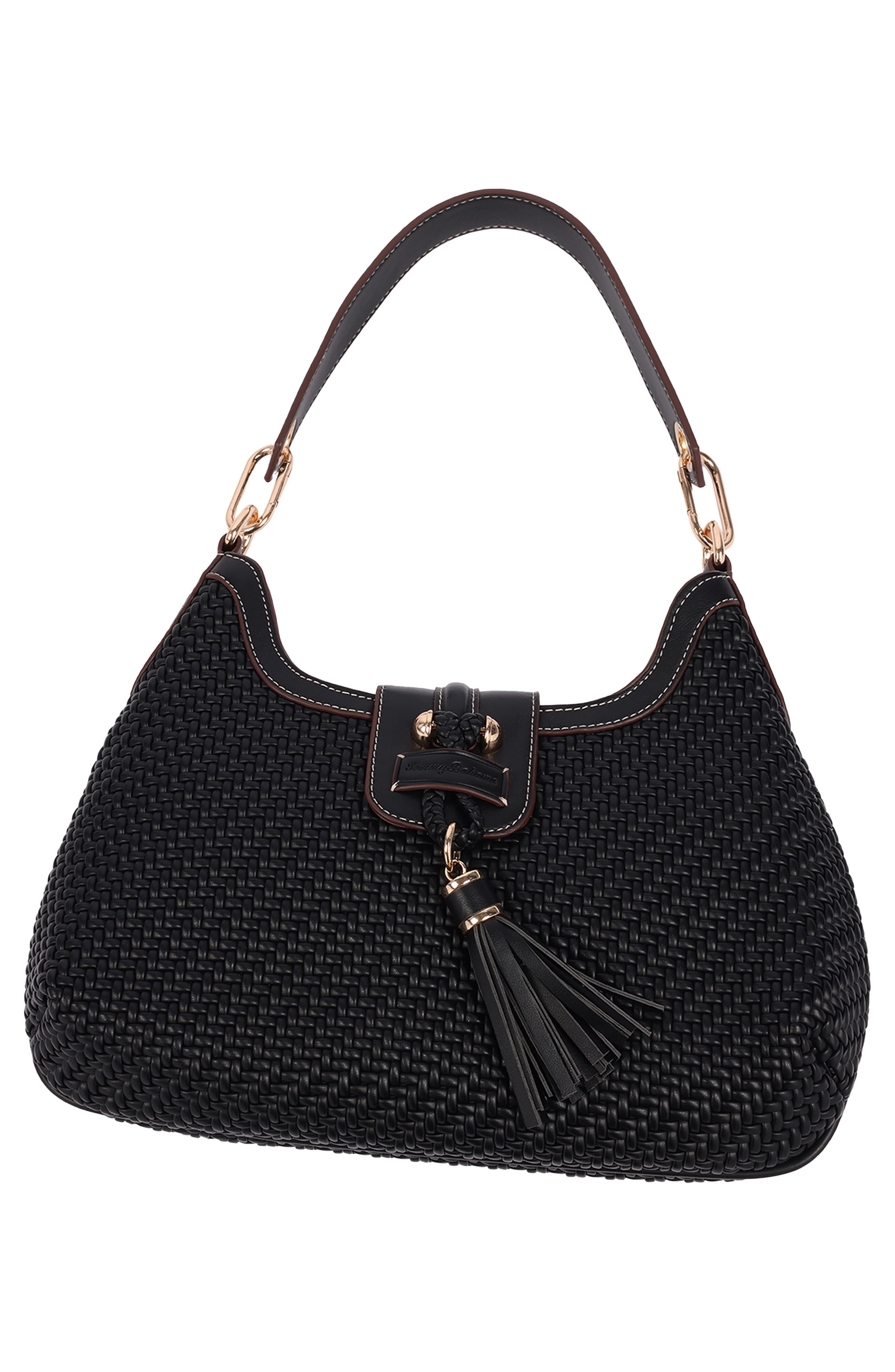 Tassel Tab Woven Faux Leather Hobo, Alternate, color, BLACK