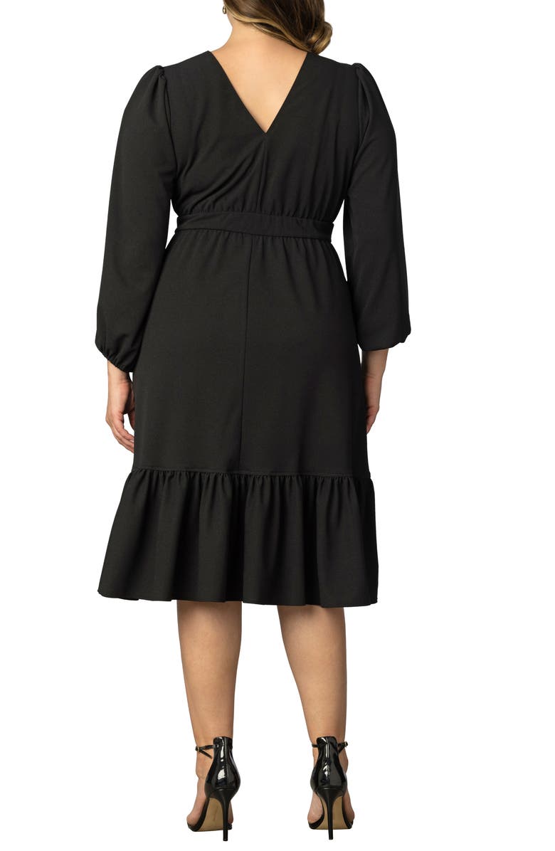 Kiyonna Portia Long Sleeve Midi Faux Wrap Cocktail Dress, Alternate, color, Black Noir