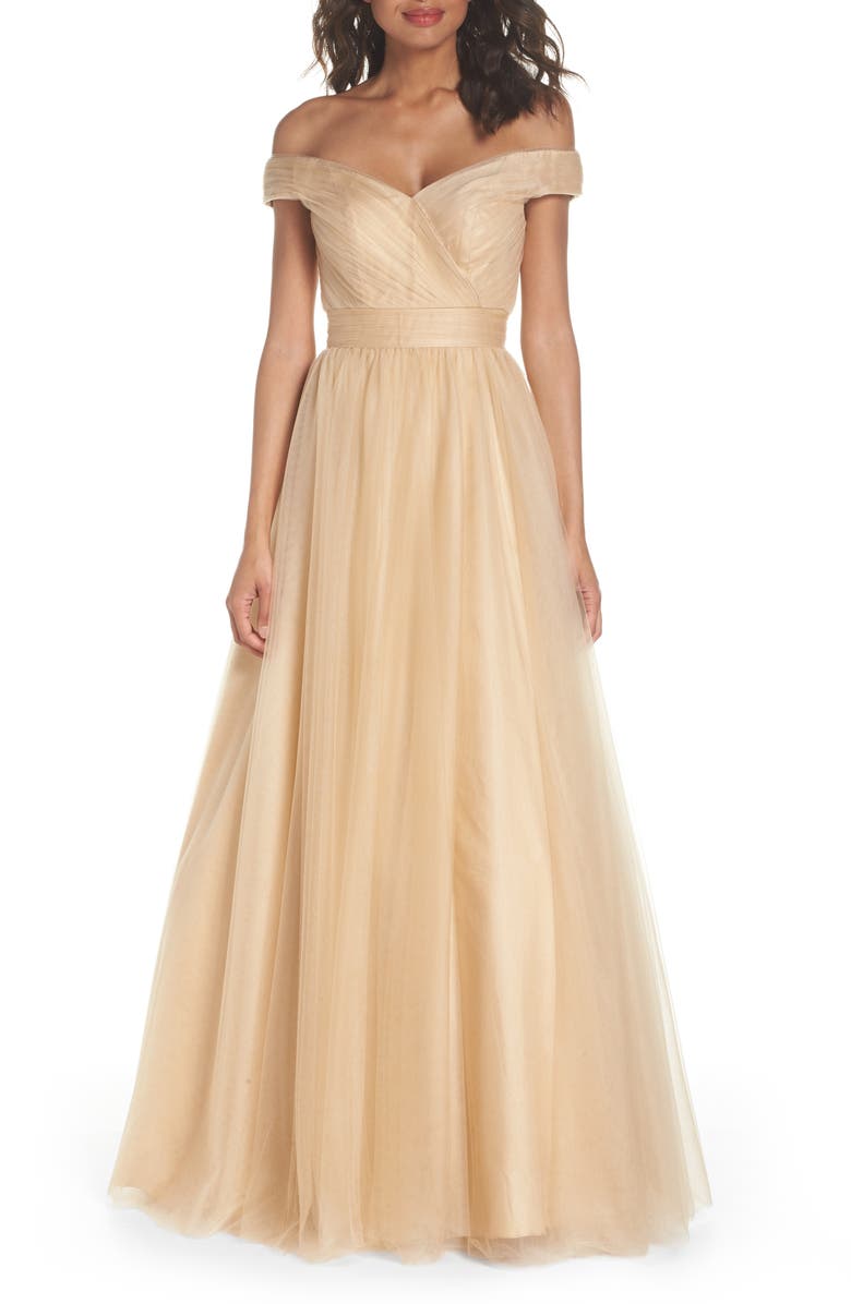 Ieena for Mac Duggal Mac Duggal Off the Shoulder Tulle Ballgown, Main, color,