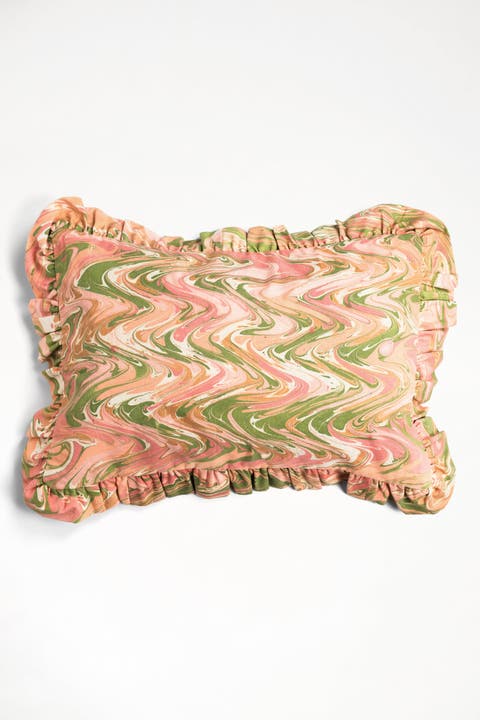 Peony Bloom Ruffled Hand-Marbled Pillow - Cover Only